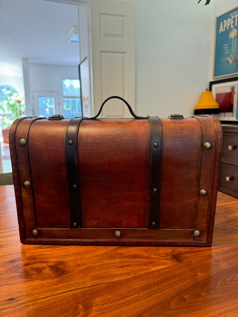 Beautiful Solid Wood Decorative Case Leather Straps Brass Hinges NICE